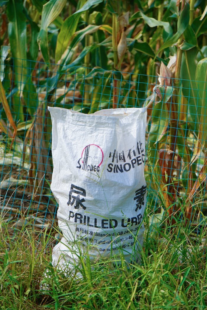 A bag of prilled urea fertilizer in a lush rural cornfield, showcasing agriculture.